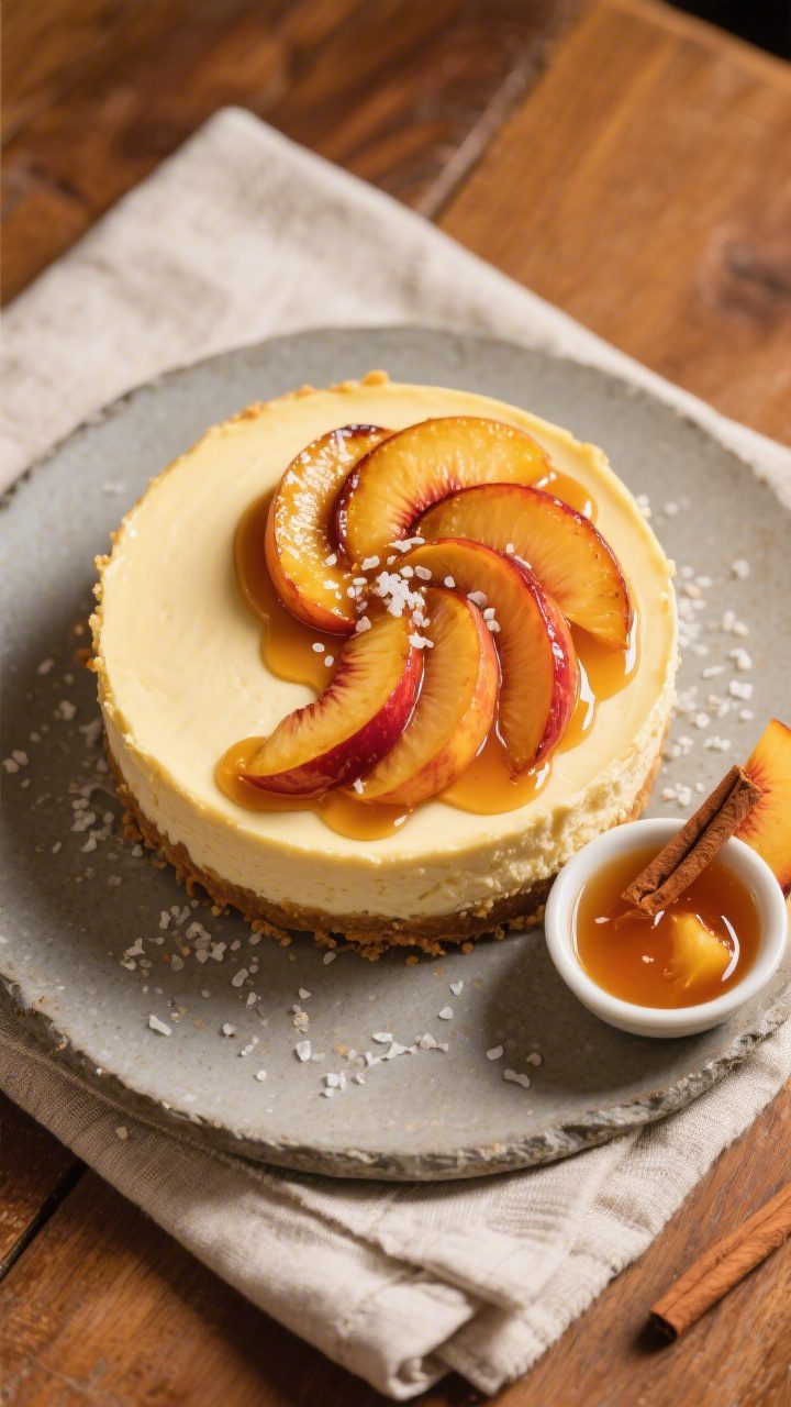 Final presentation, tasty top view: Top-down hero shot of the fully chilled cheesecake topped with a