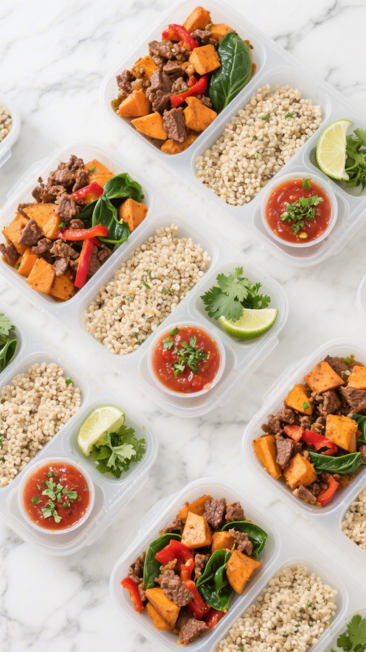 Overhead “tasty top view” for meal prep: Neatly arranged meal-prep containers filled with the co