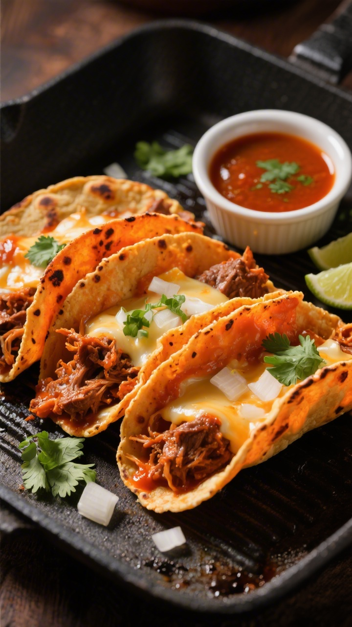 Tasty top view: Overhead shot of birria tacos (quesabirria) mid-griddle, corn tortillas stained oran