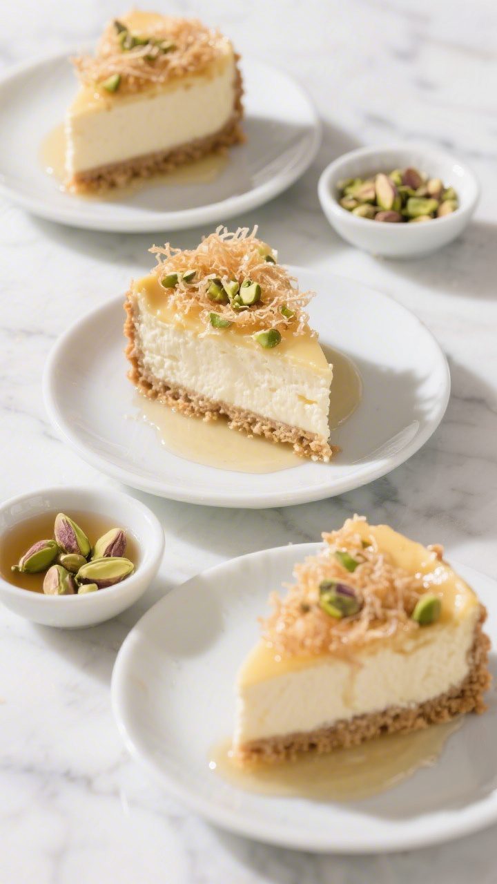 Tasty top-view: Overhead shot of perfectly sliced cheesecake wedges on individual small plates, each