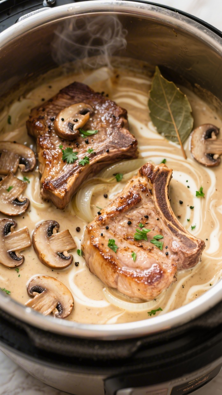 Tasty top view — Pressure-cooked chops with mushroom gravy: Overhead shot of two tender pork chops