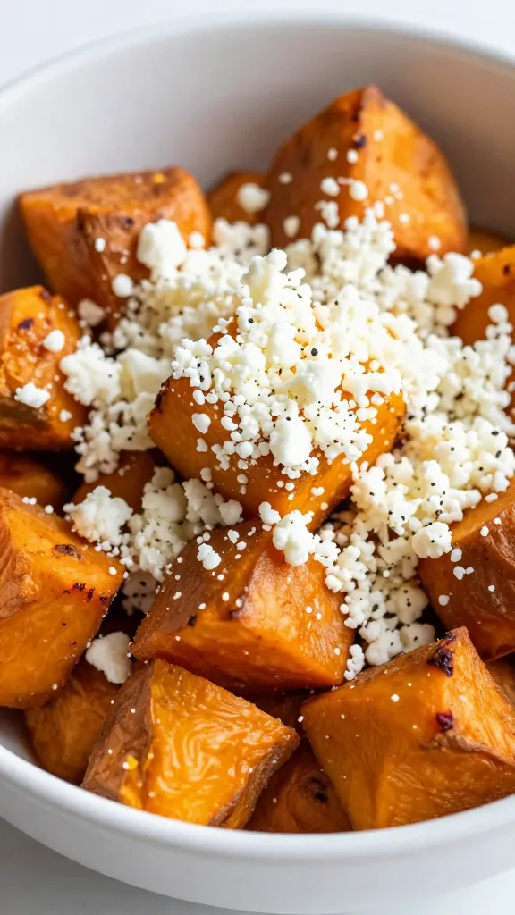 closeup bowl of street corn chicken sweet potato, cotija crumble