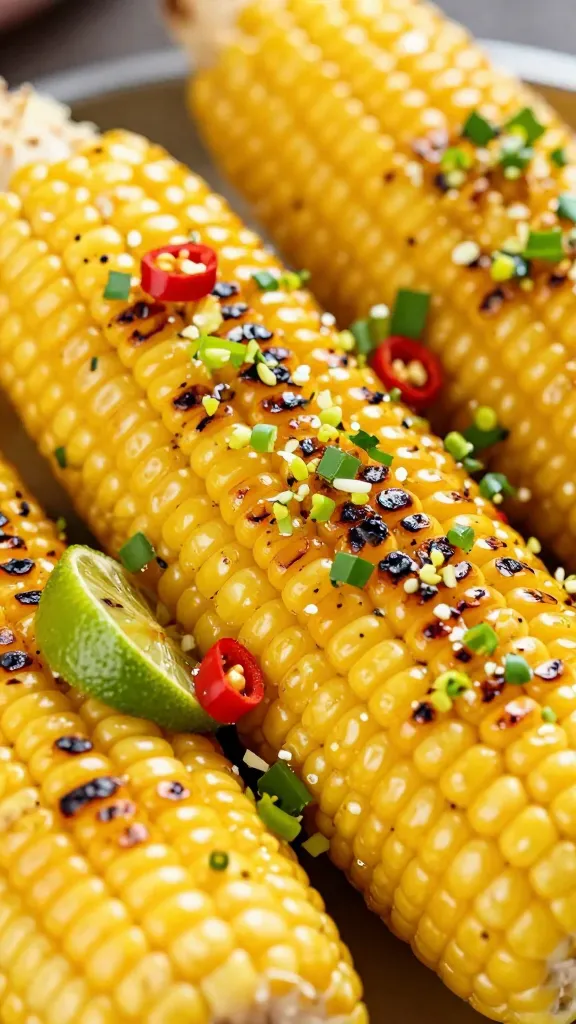 macro shot of charred street corn with lime zest and chili