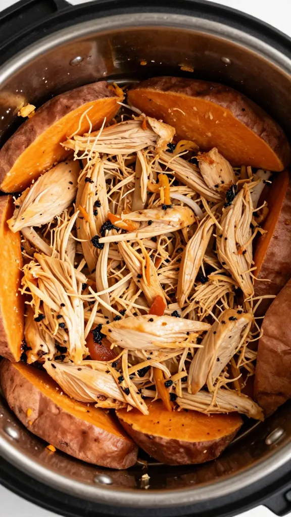 overhead closeup of Instant Pot shredded chicken on sweet potatoes