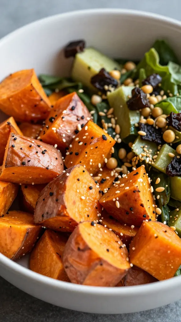 closeup bowl of Mediterranean sweet potato buddha bowl