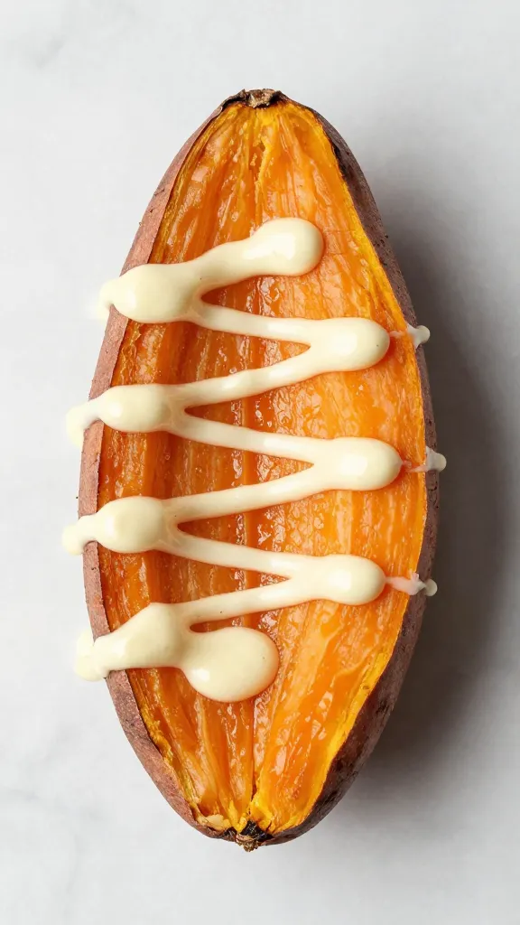 single roasted sweet potato half with lemon-tahini drizzle