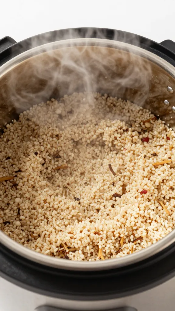 closeup Instant Pot quinoa with steam, stainless steel interior