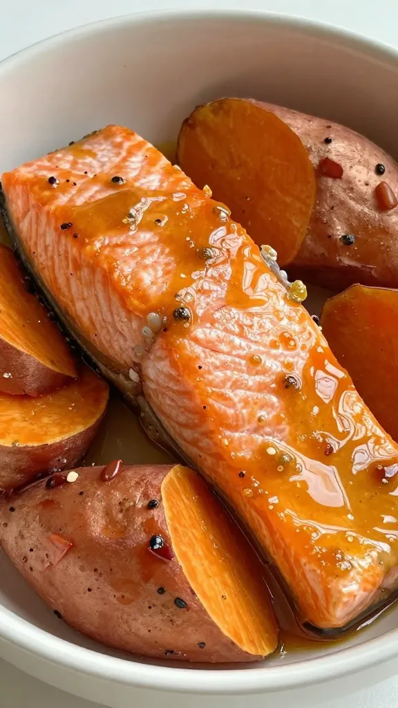 closeup bowl of honey garlic salmon over sweet potatoes