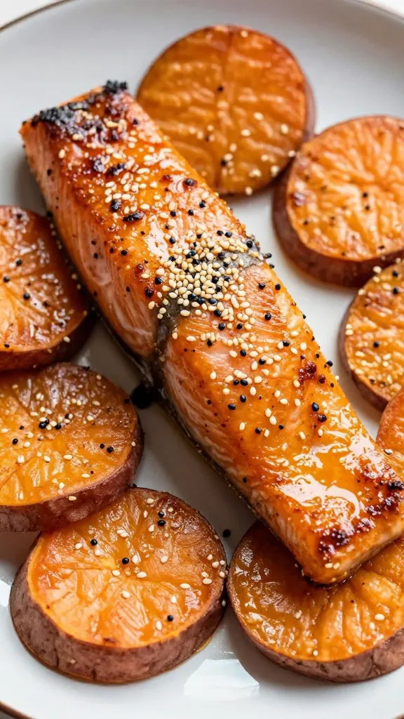 glazed salmon fillet with sesame on steamed sweet potato rounds
