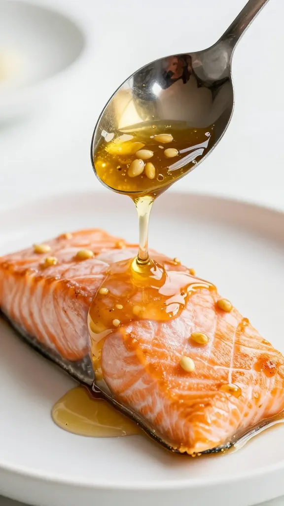 spoon dripping sticky honey garlic glaze over salmon filet