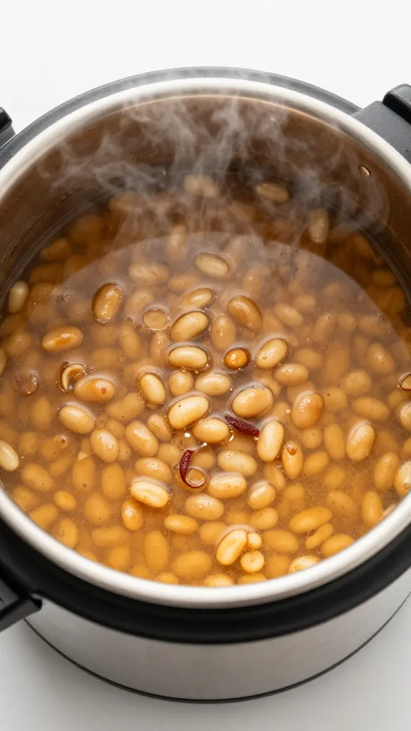 steaming bowl of Hurst Beans pressure cooker soup, overhead
