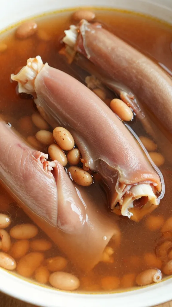 closeup ham hock in rich bean broth, shallow depth