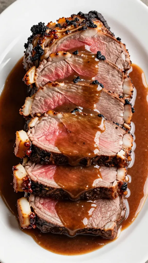 Sliced sirloin tip roast with glossy pressure-cooker gravy