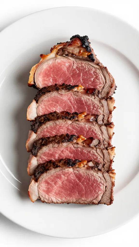 Single white plate of spoon-tender sirloin tip roast slices