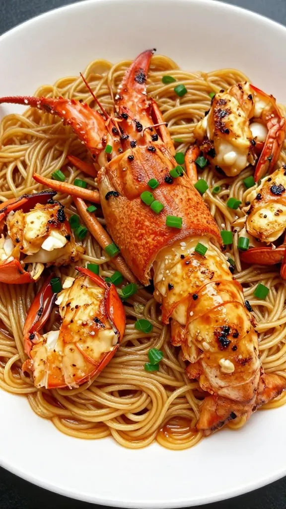 seared lobster tail on noodles, scallions garnish, shallow bowl