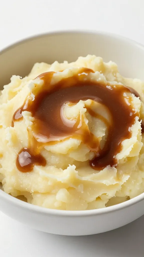 single bowl of mashed potatoes with rich brown gravy