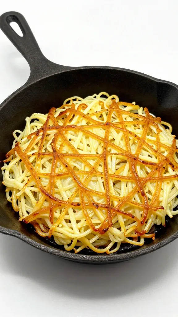 golden diner-style hash browns on a small cast-iron skillet