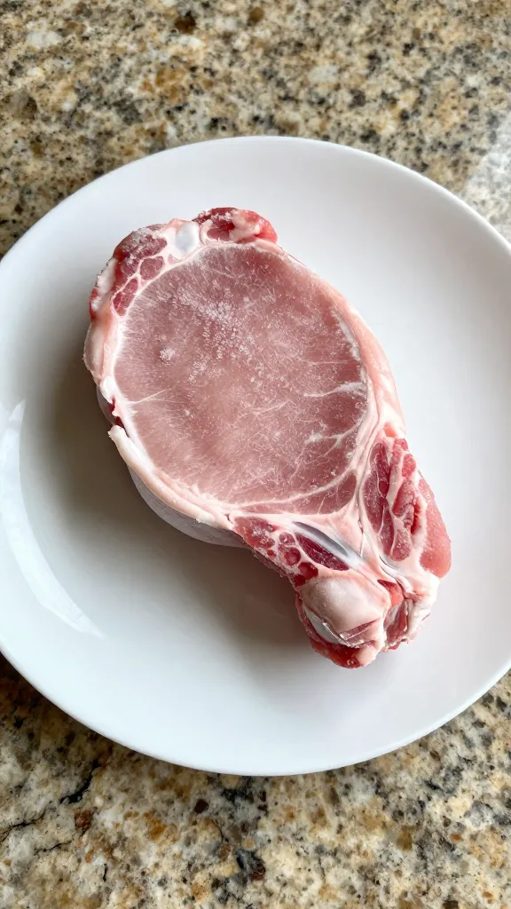 single frozen pork chop standing upright, frost crystals visible