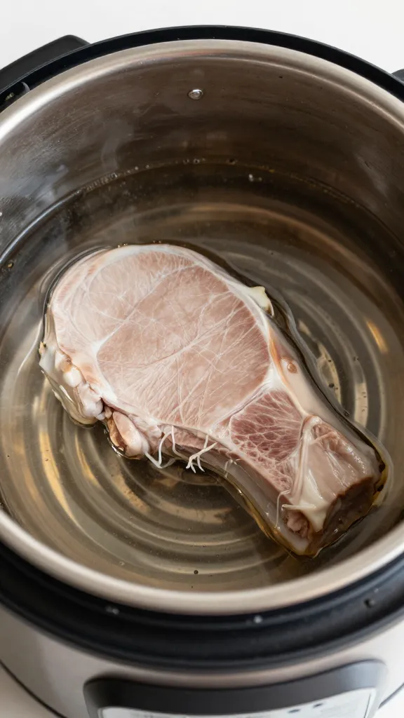 instant pot inner pot with steaming pork chop in broth