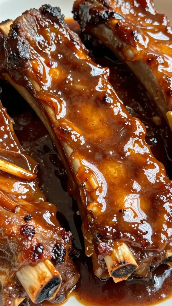 closeup bone-in short rib with glossy pressure-cooker sauce