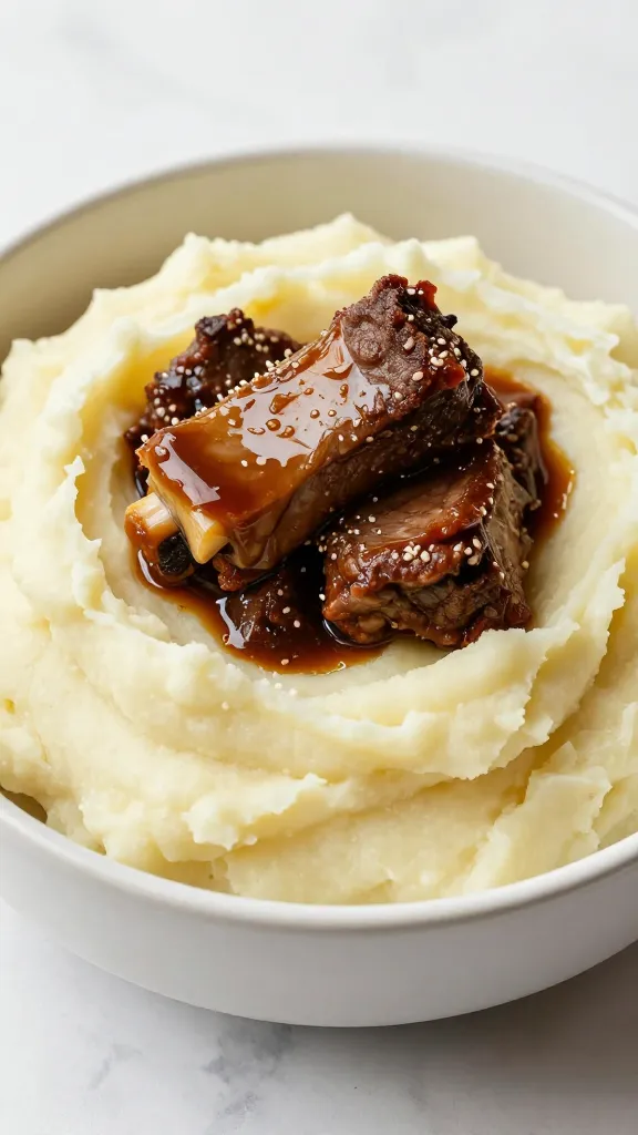 single bowl mashed potatoes topped with braised short rib