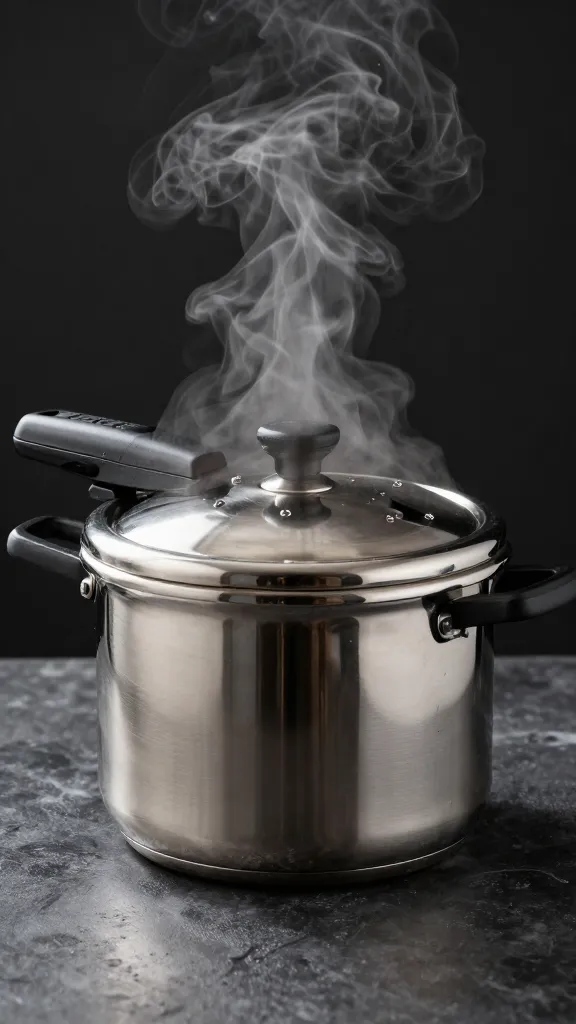 stainless pressure cooker releasing steam on dark countertop