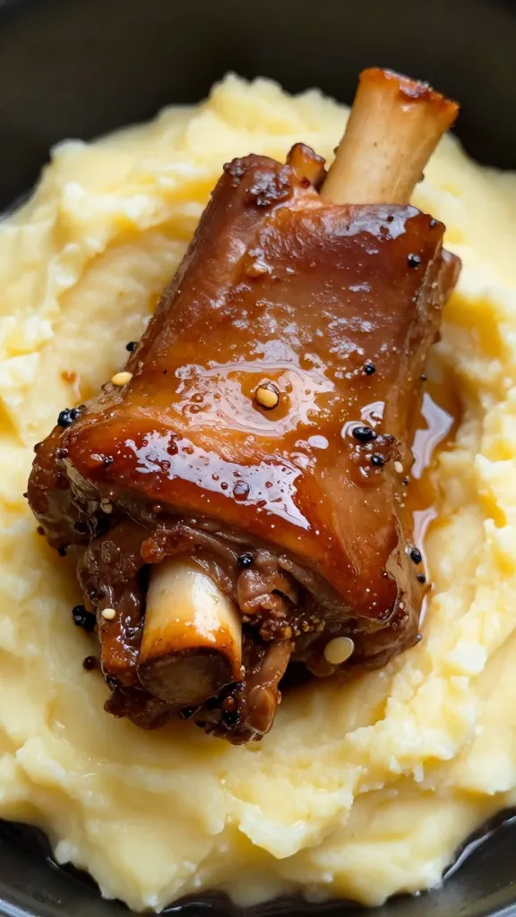 glazed pressure-cooked pork shank on mashed potatoes, closeup