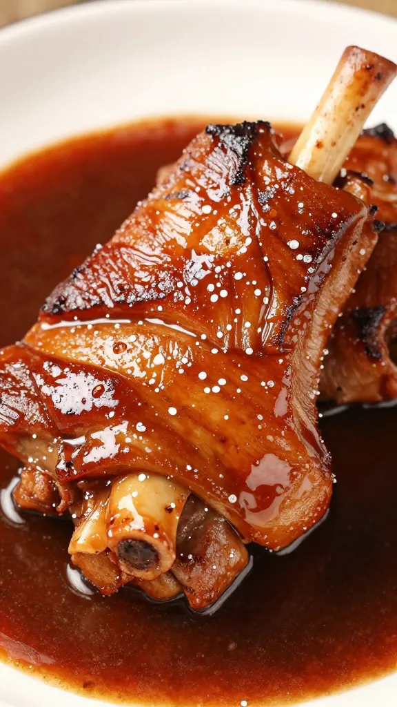 seared pork shank in glossy braising sauce, macro shot
