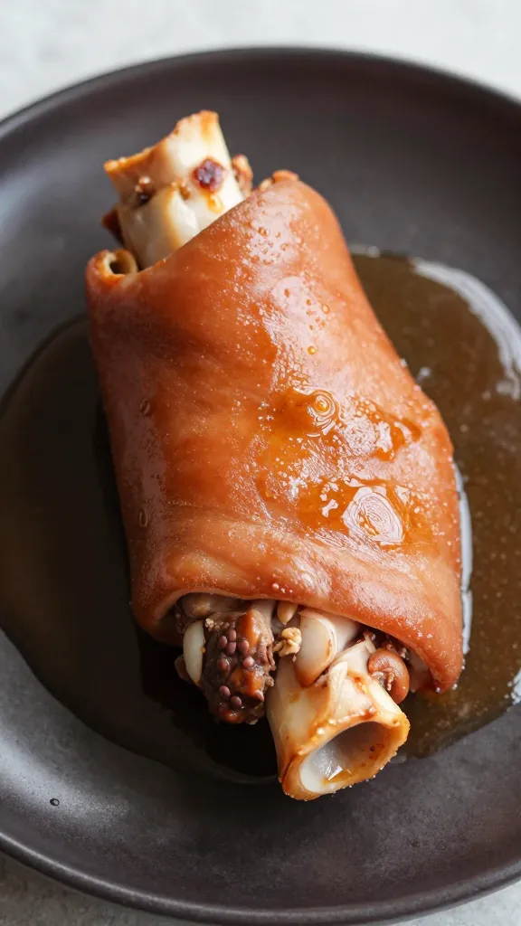 single pork hock with reduced jus on dark plate, closeup