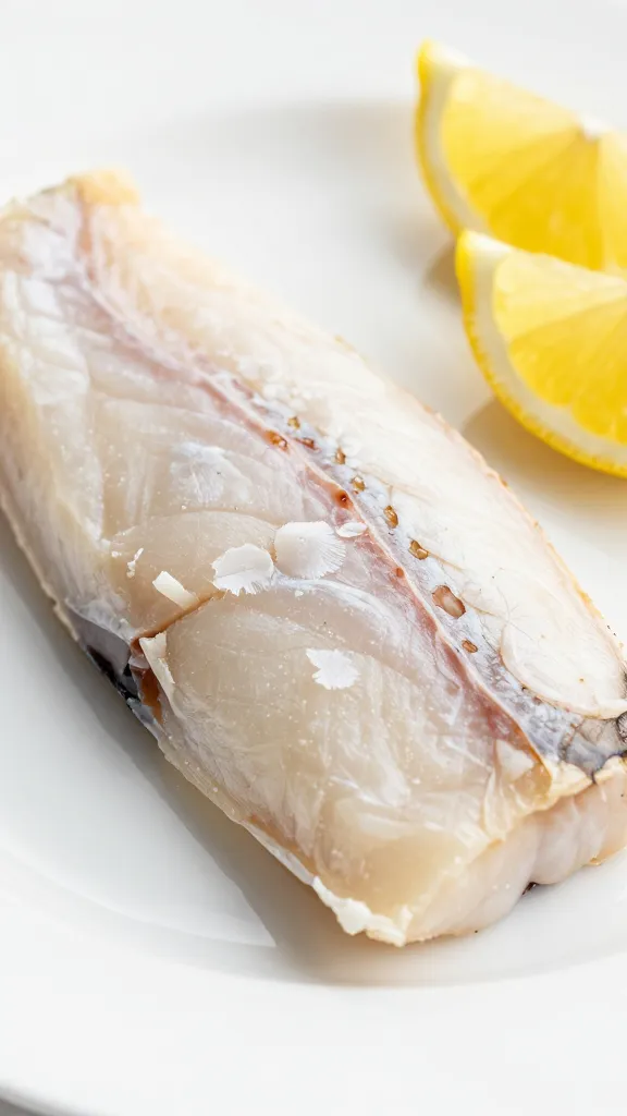 closeup of flaky cod fillet on white plate with lemon
