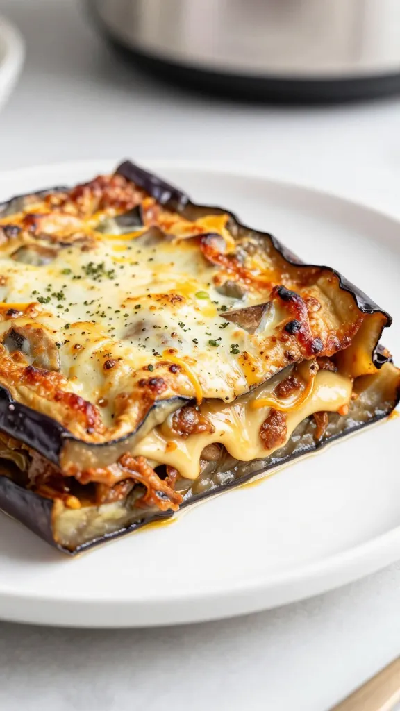 closeup of pressure cooker eggplant parmesan slice on white plate