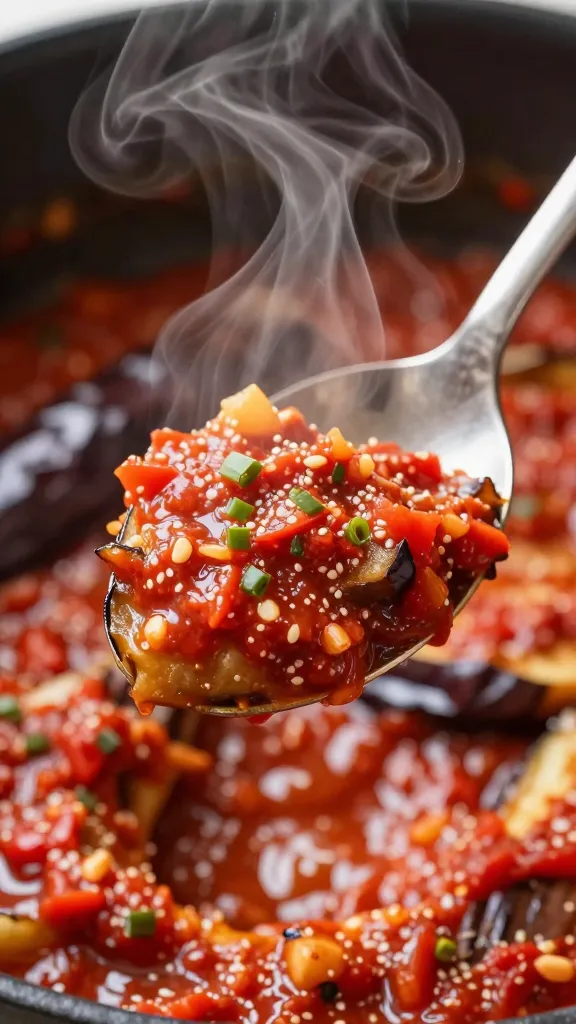 spoonful of marinara-coated eggplant, steam rising, shallow depth