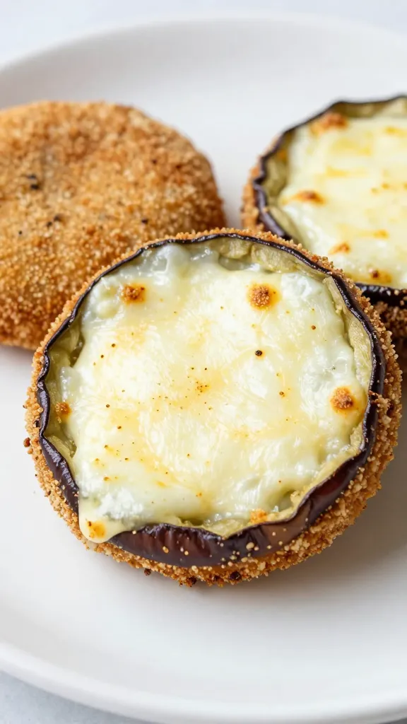 single breaded eggplant round with melted mozzarella, studio lighting