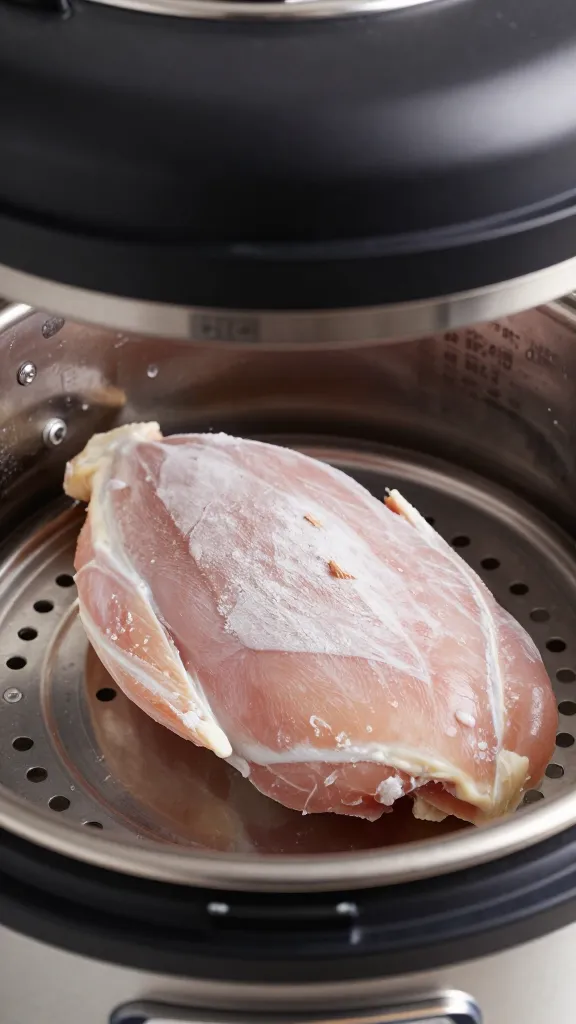 closeup of frozen chicken breast in Power Pressure Cooker XL