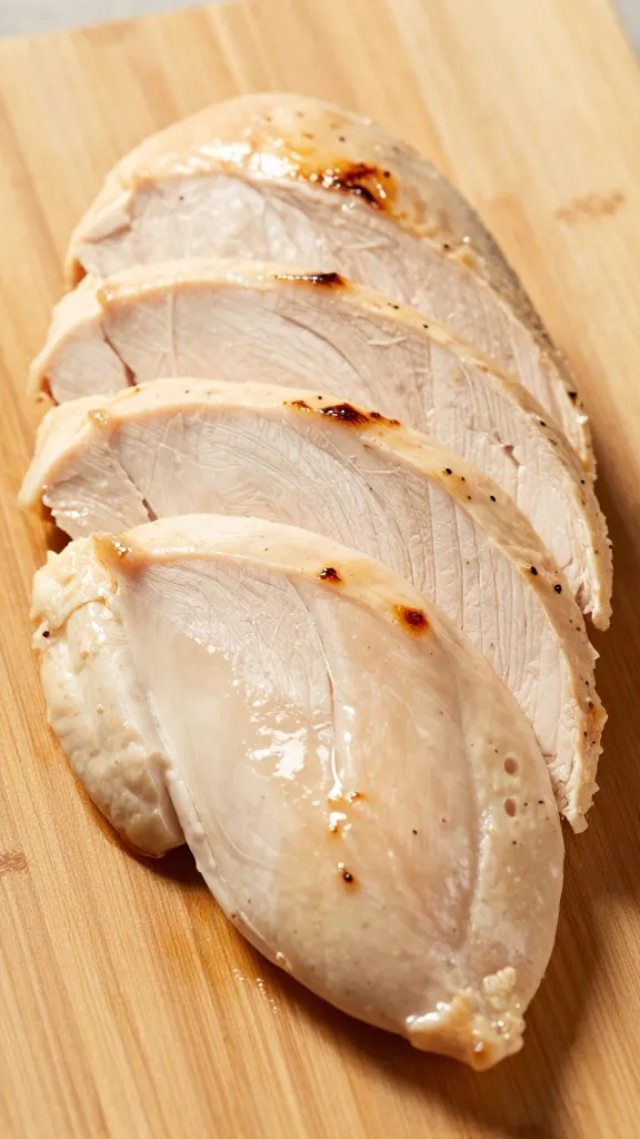 sliced pressure-cooked chicken breast on cutting board, juicy interior