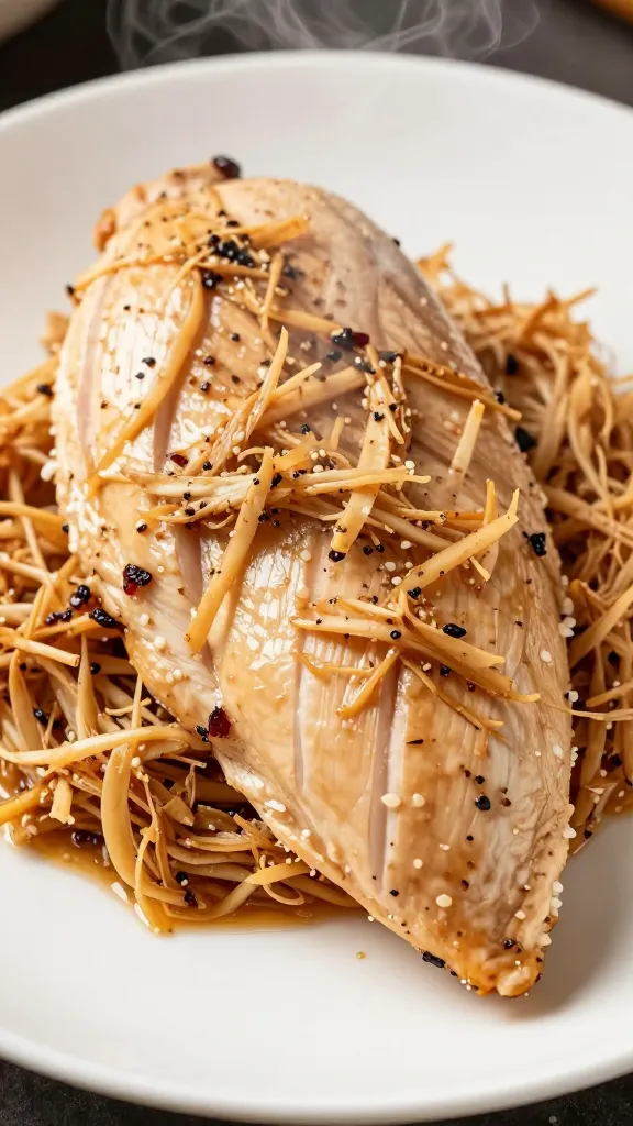 shredded pressure-cooked chicken breast on white plate, steam rising