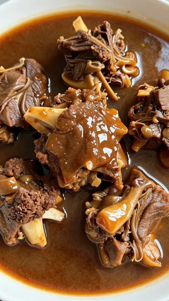 closeup bowl of pressure-cooked lamb shoulder stew, glossy jus