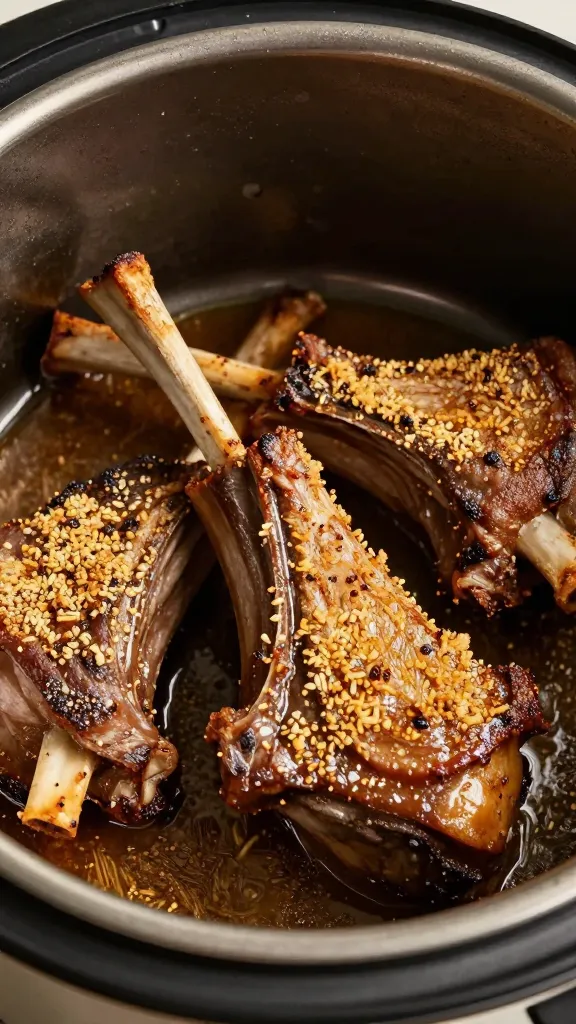 seared lamb shank in pressure cooker pot, browned crust