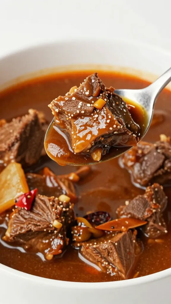 spoonful of tender lamb stew lifted over white bowl