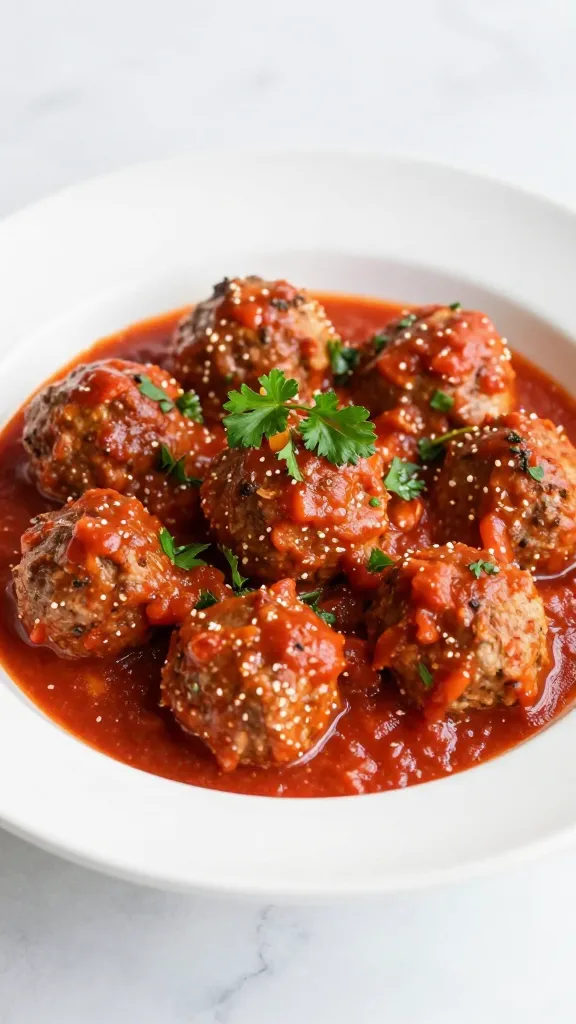 single white bowl of meatballs in marinara, parsley garnish