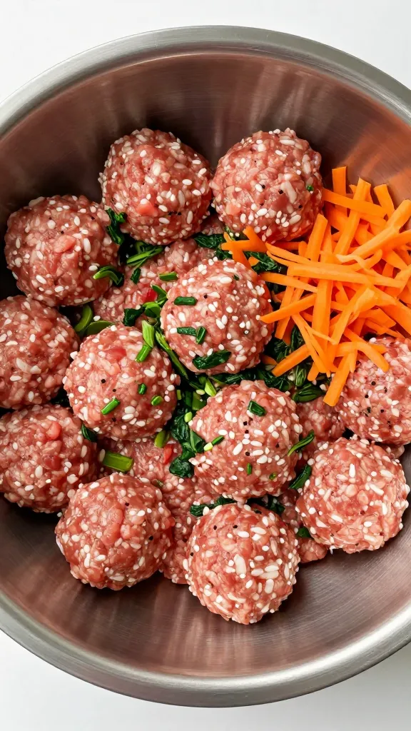 raw meatball mixture in stainless bowl, grated carrots and spinach specks