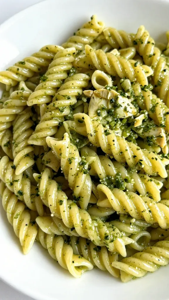 closeup bowl of pesto chicken pasta with rotini, glossy sauce
