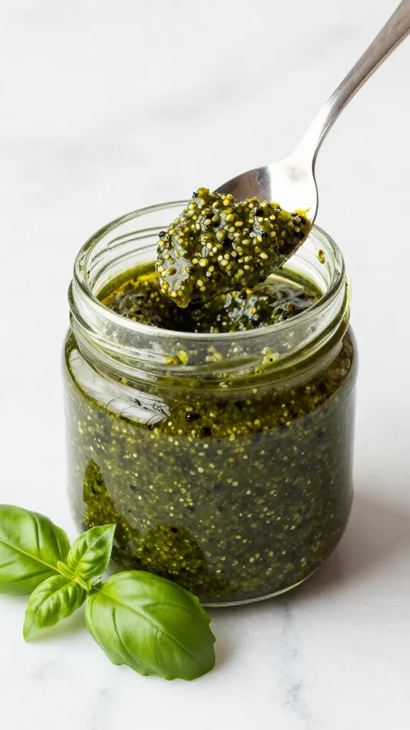 single jar of basil pesto on marble, lid off, spoon dipped