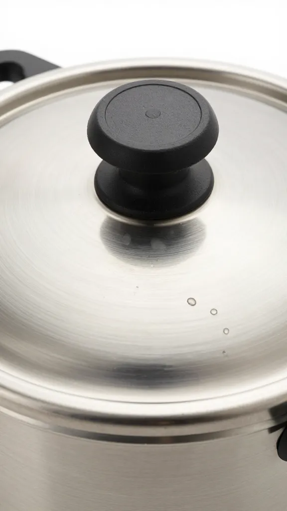 pressure cooker lid with steam bead, stainless surface closeup