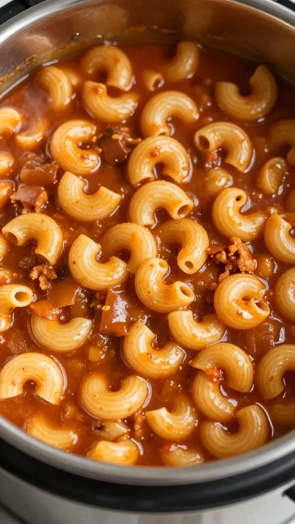 closeup bowl of Instant Pot goulash with elbow macaroni