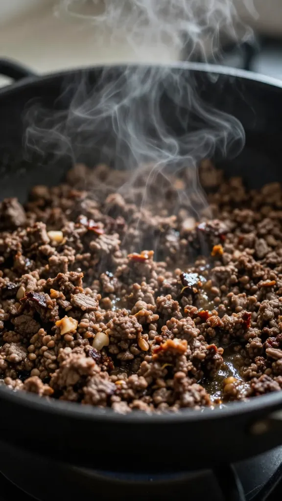 single skillet of browned ground beef, steam rising, moody light