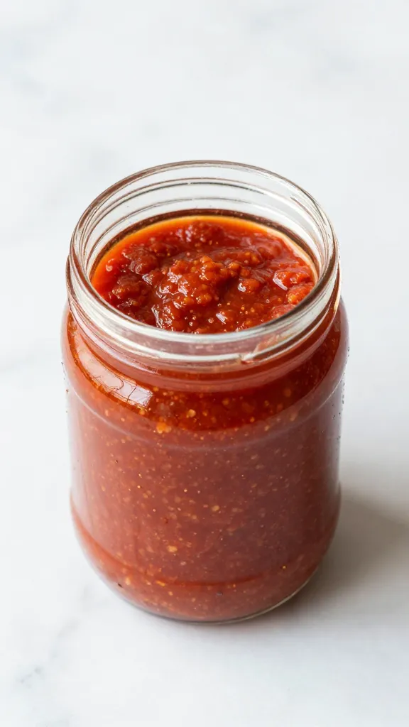 mason jar of chunky red pasta sauce on marble, overhead shot