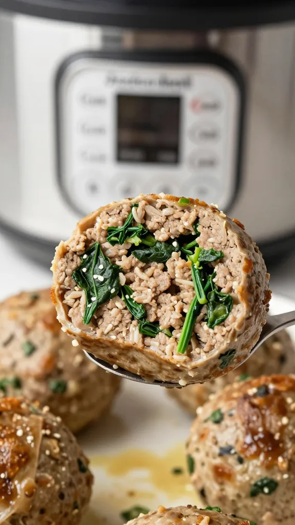closeup of saucy Instant Pot meatball sliced open, hidden spinach visible