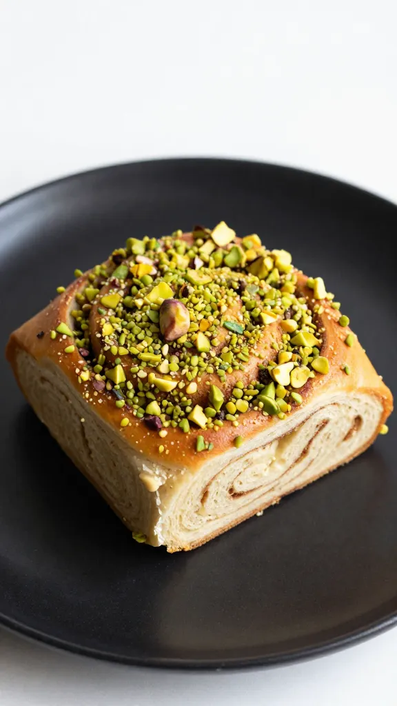 closeup pistachio-crunch cinnamon roll slice on matte black plate