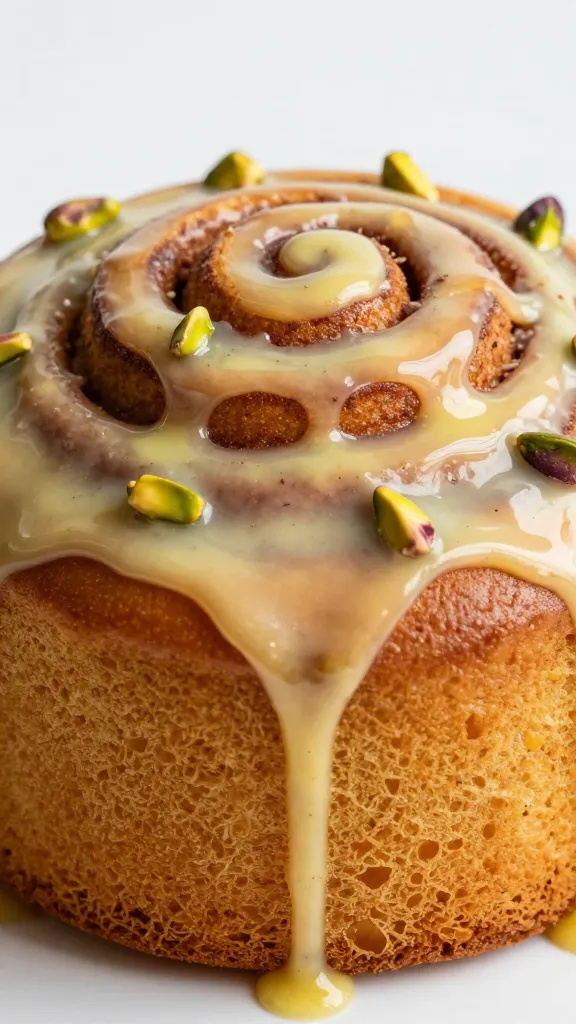 glossy cardamom-pistachio glaze dripping over cinnamon roll cake